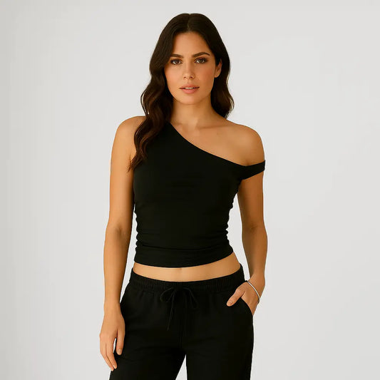 Black one-shoulder ribbed crop top with elastic waistband for casual wear info otlapparel