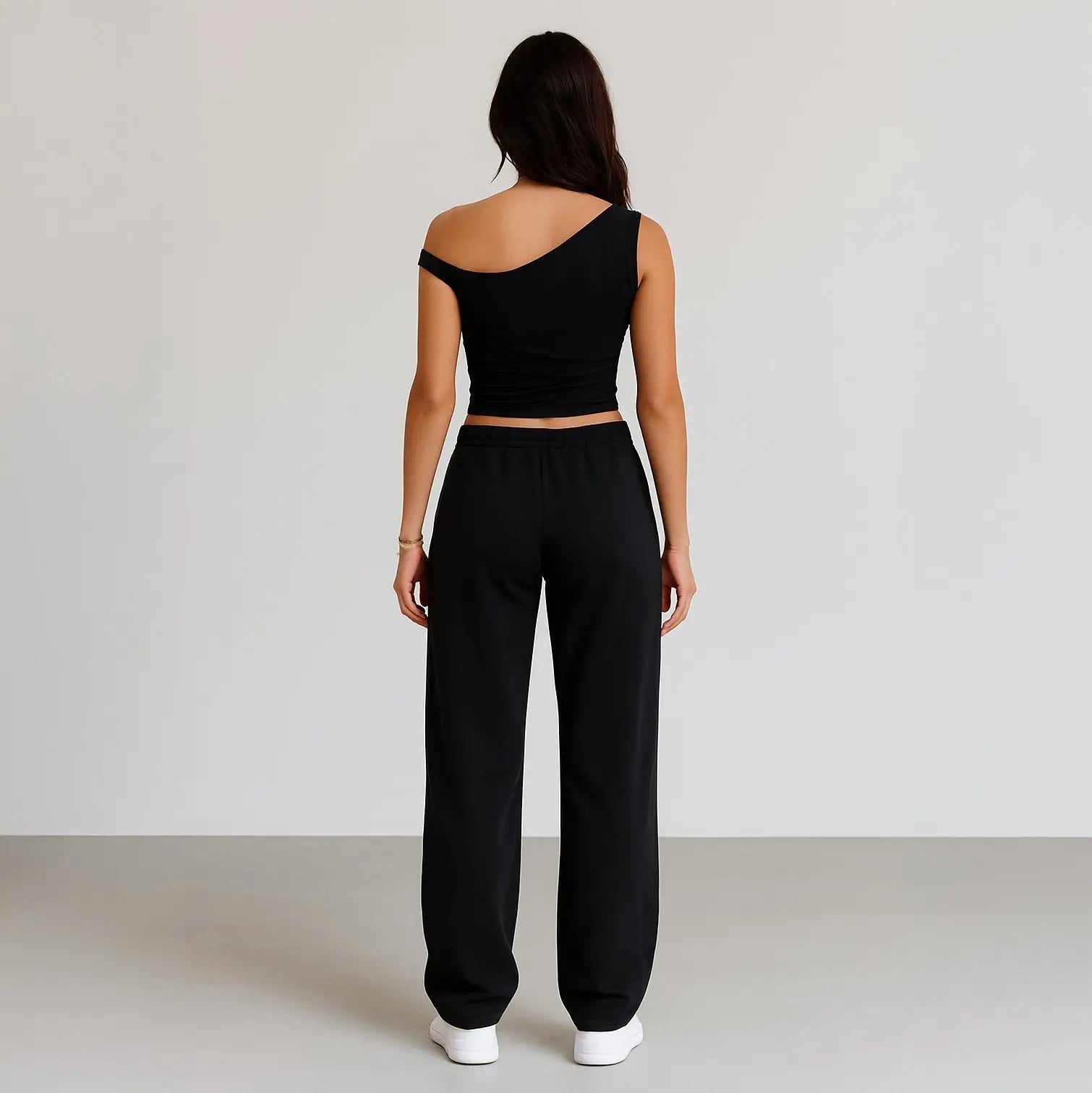 Black off-the-shoulder crop top with matching sweatpants casual sportswear set info otlapparel