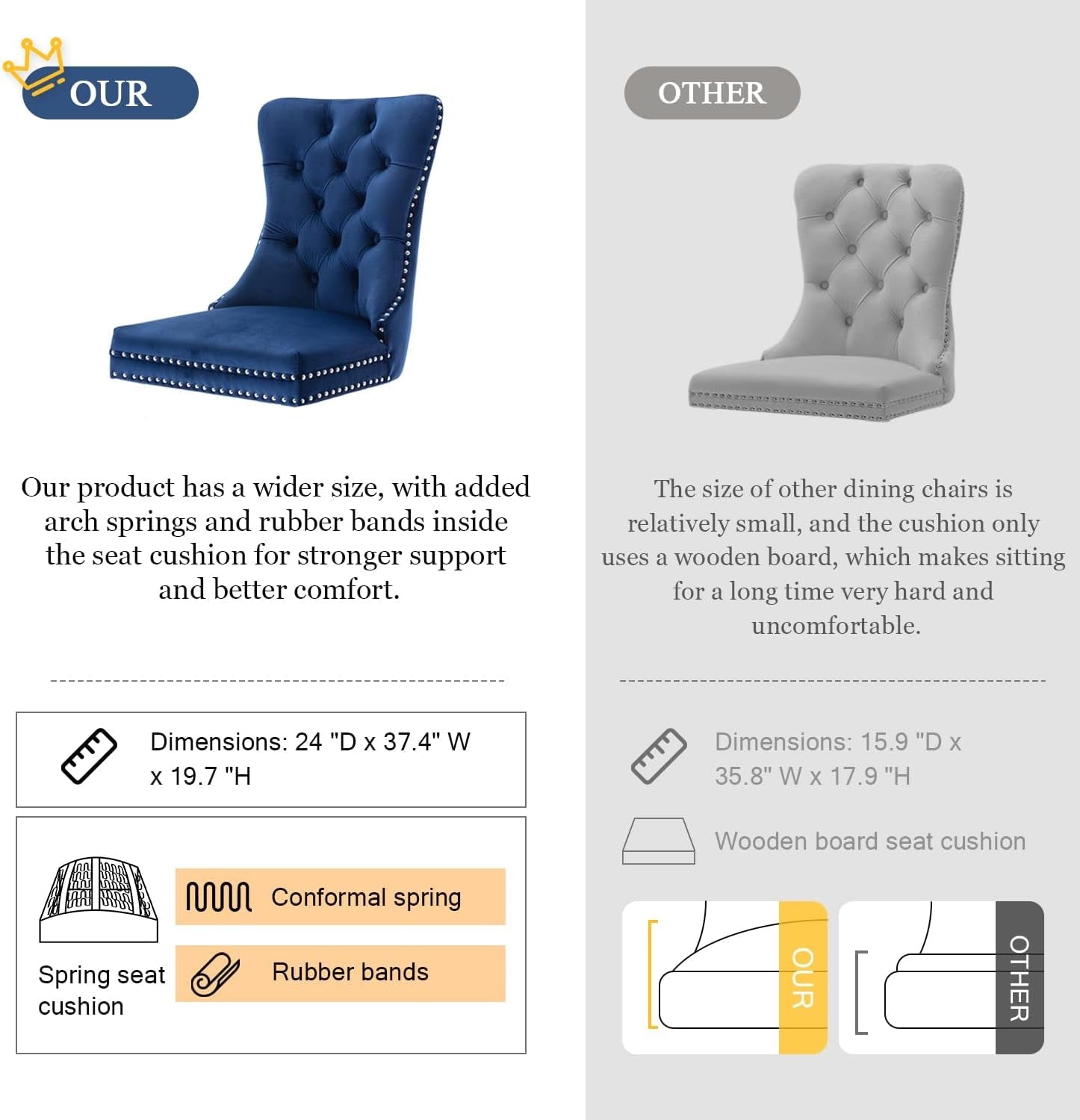 Tufted Dining Chairs Set of 4, Velvet Upholstered Dining Chairs with Nailhead Back and Ring Pull Trim, Solid Wood Dining Chairs for Kitchen/Bedroom/Dining Room (Blue)-3