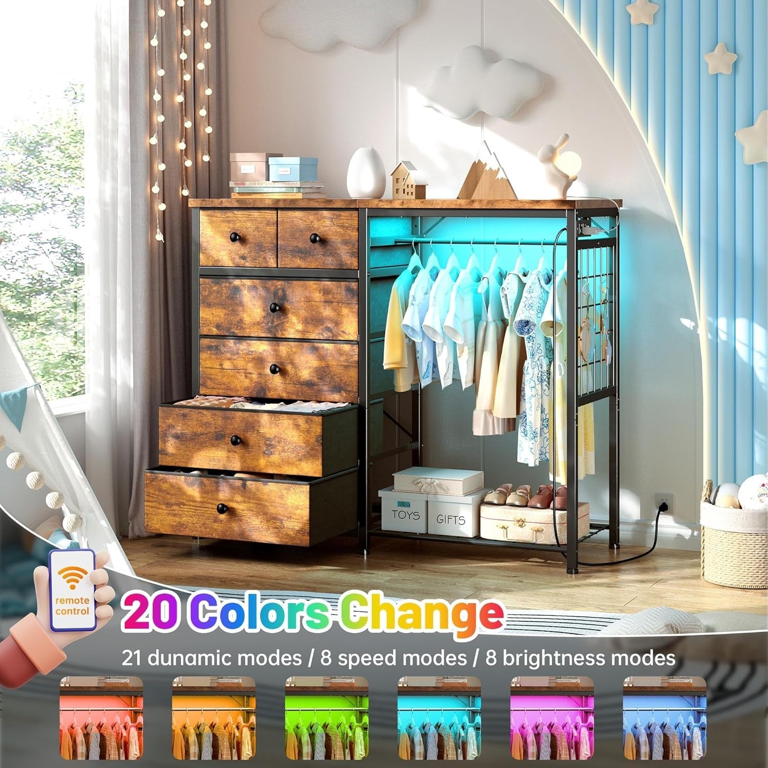 49.2" W Dresser for Bedroom with Hanging Rack 6 Drawer Dresser with LED Lights & Charging Station, Fabric Dressers & Chest of Drawer with Clothes Rack,Wooden Top,Grid Panel,Closet,Rustic Brown-3