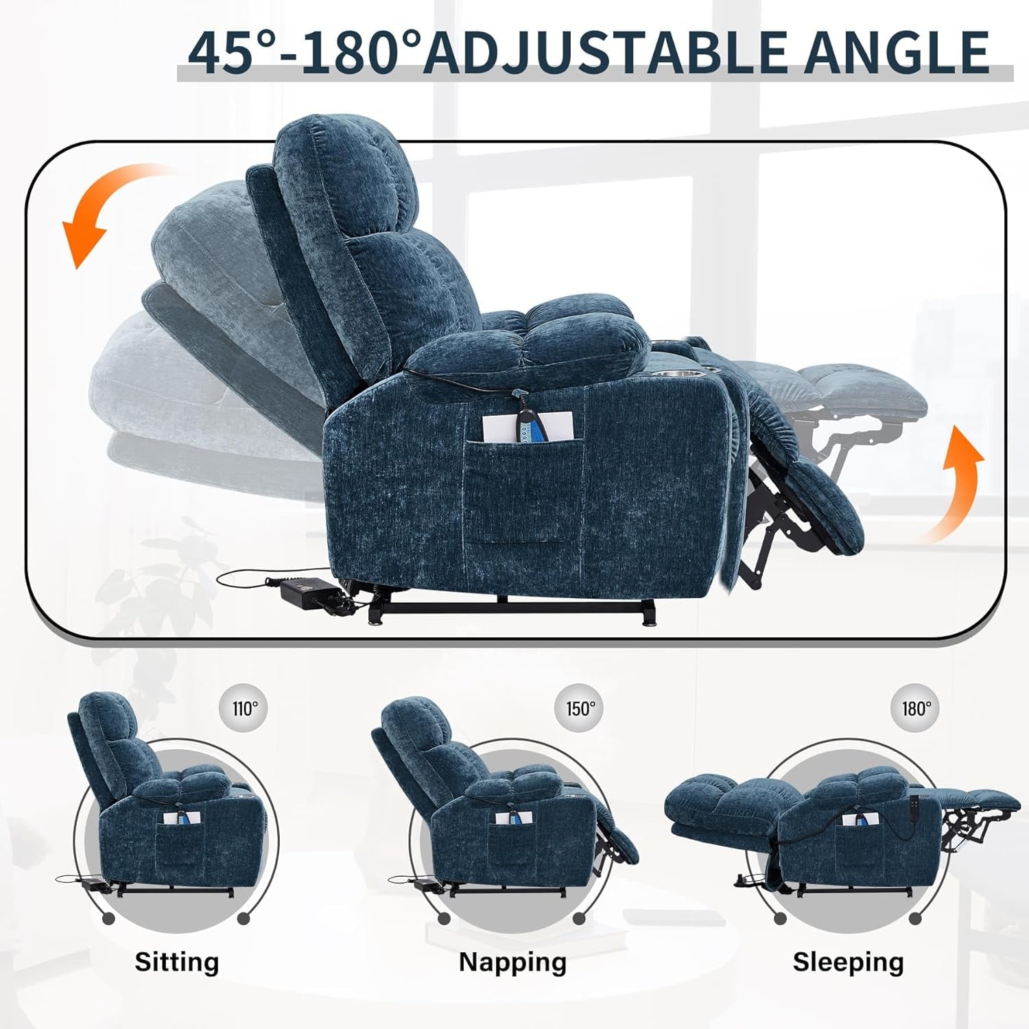 Lay Flat Sleeping Lift Recliner Chair with Heat Vabriation Massage for Elderly,Infinite Position Soft Fabric Power Electric Recliner Sofa Chair with Dual OKIN Motor for Living Room Blue Fabric-3
