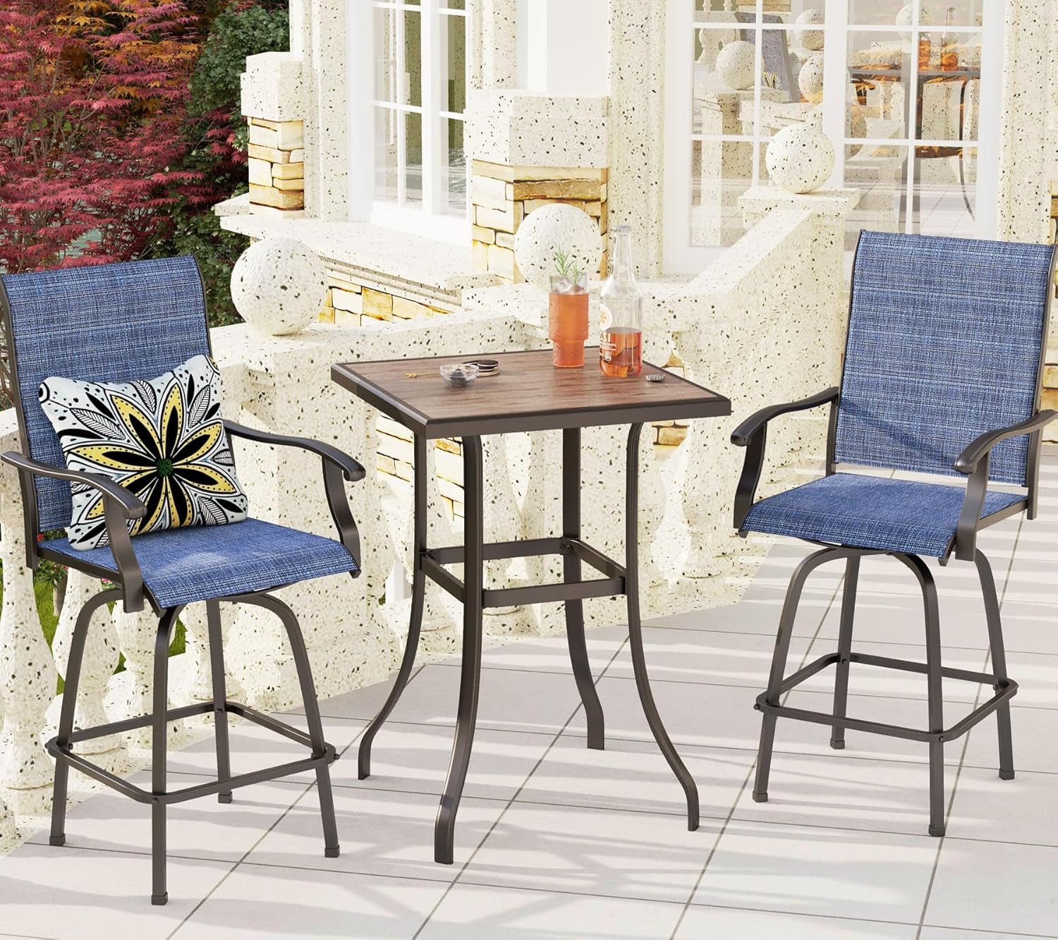3Pcs Outdoor Swivel Bar Stools Set, Bar Height Patio Table and Chairs with All Weather Textilene Fabric, Pub Bar Bistro Tall Furniture Set for Outdoor, Blue-0