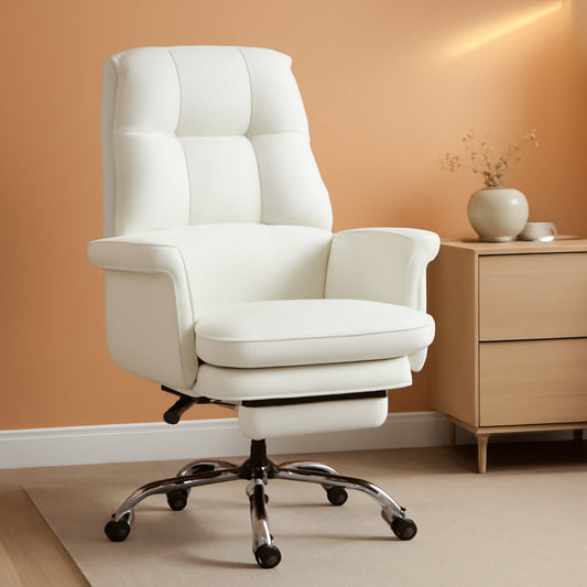 Executive Office Chair, PU Leather Ergonomic Office Desk Chair with Footrest, Reclining and Swivel Chair, White-0