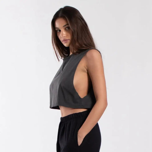Charcoal gray garment dyed cropped muscle tank with open back and black jogger pants
