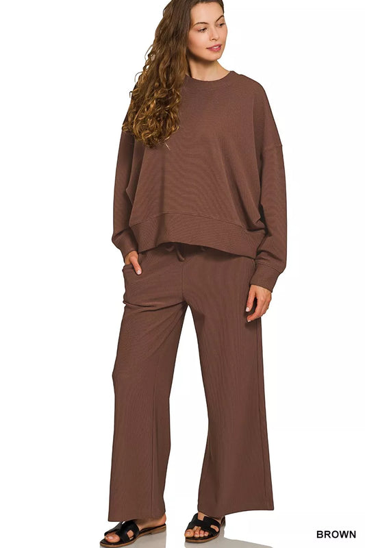 Zenana Ribbed Round Neck Pullover and Drawstring Pants Set