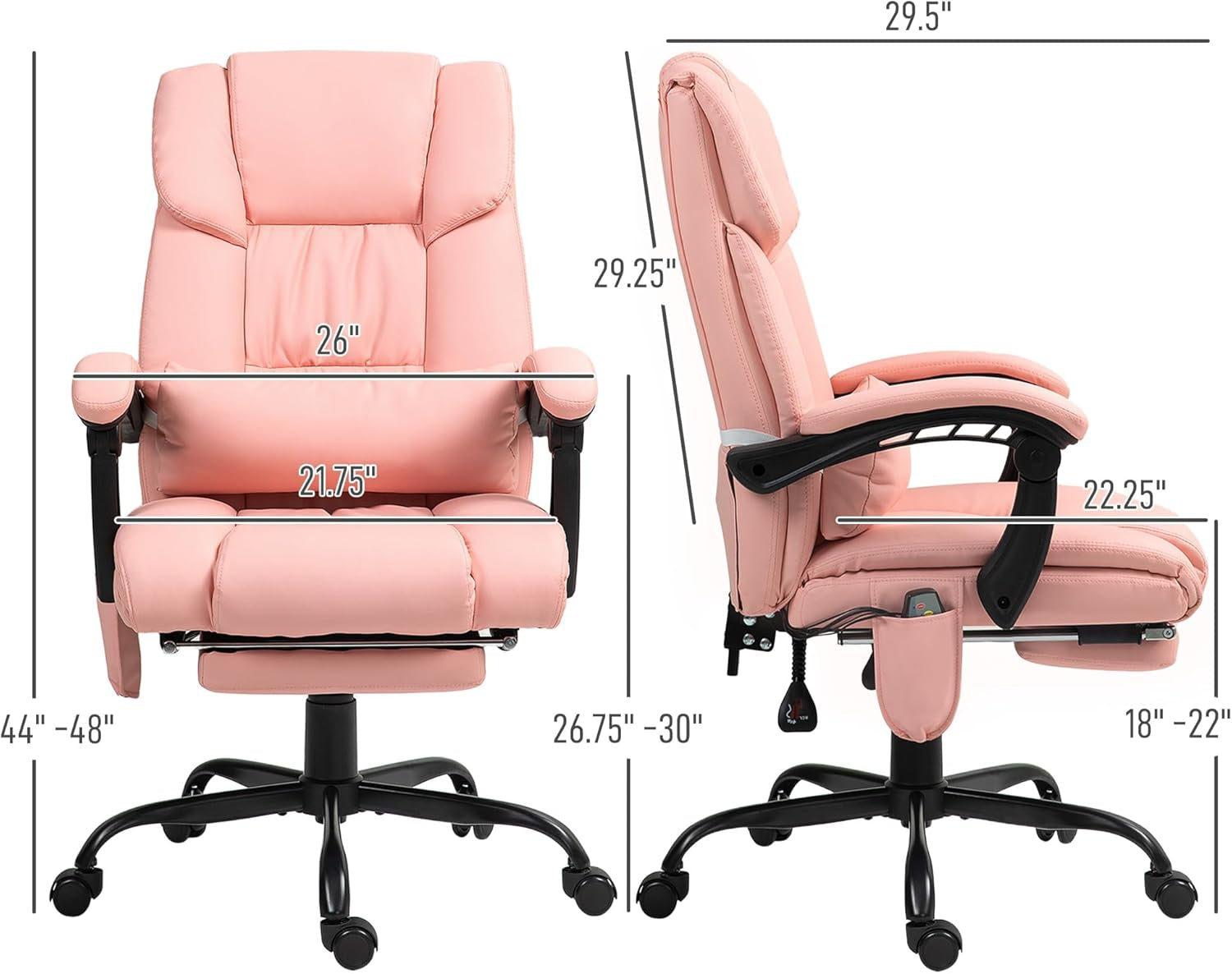 High Back Massage Office Chair with 6 Vibration Points, PU Leather Reclining Computer Chair, Ergonomic Desk Chair with Footrest Adjustable Height and Remote, Pink-2