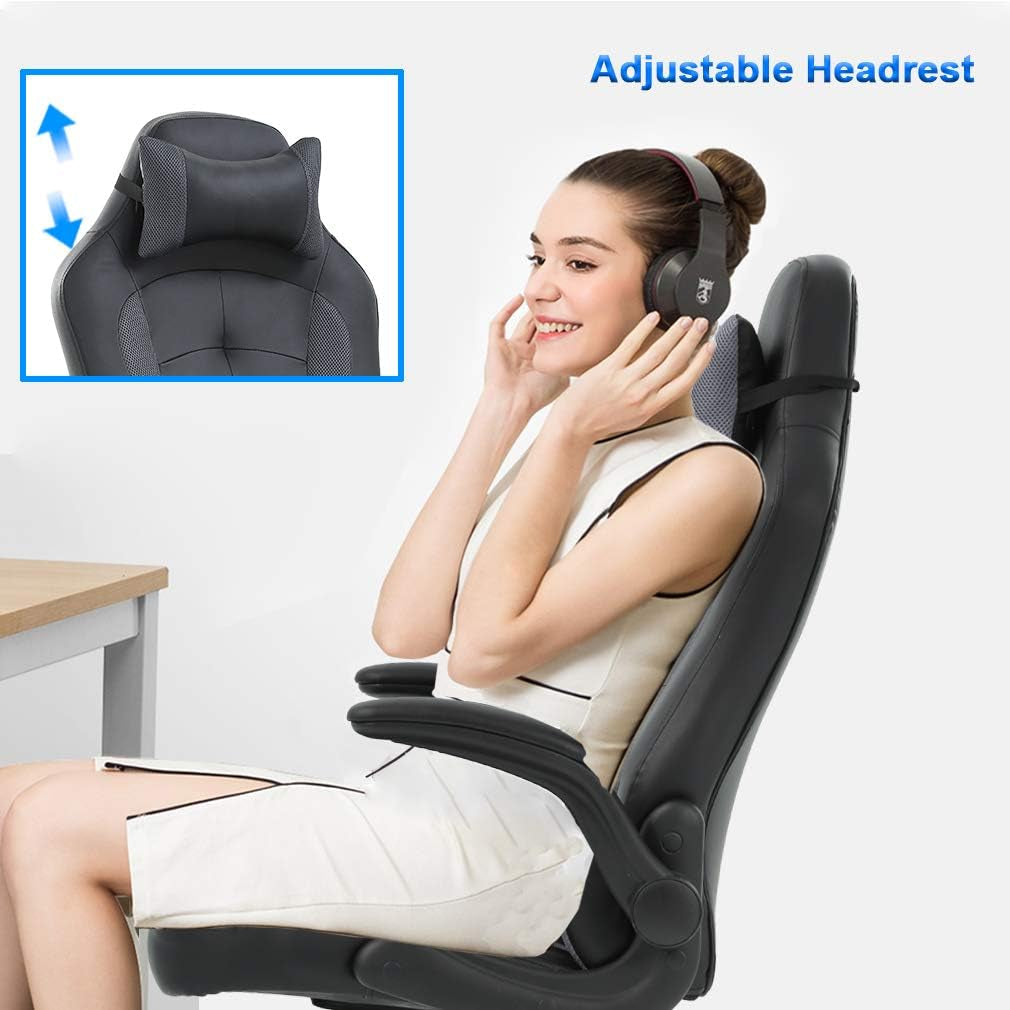 PC Gaming Chair Ergonomic Office Chair Desk Chair with Lumbar Support Flip up Arms Headrest PU Leather Executive High Back Computer Chair for Adults Women Men (Grey)-4