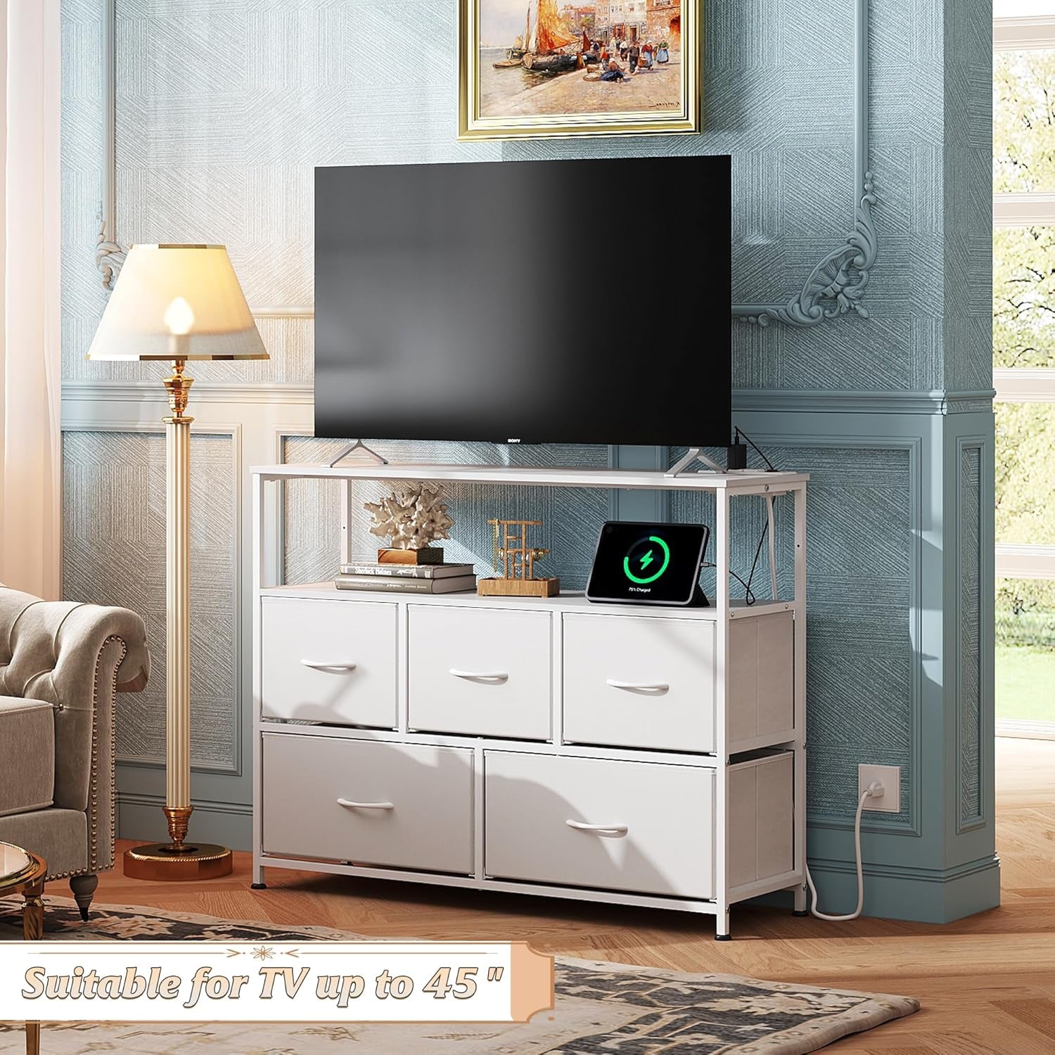 Dresser TV Stand for Bedroom, Entertainment Center with Open Shelf and Power Outlet, White Fabric Dressers with 5 Drawers, TV Stands for Closet-1
