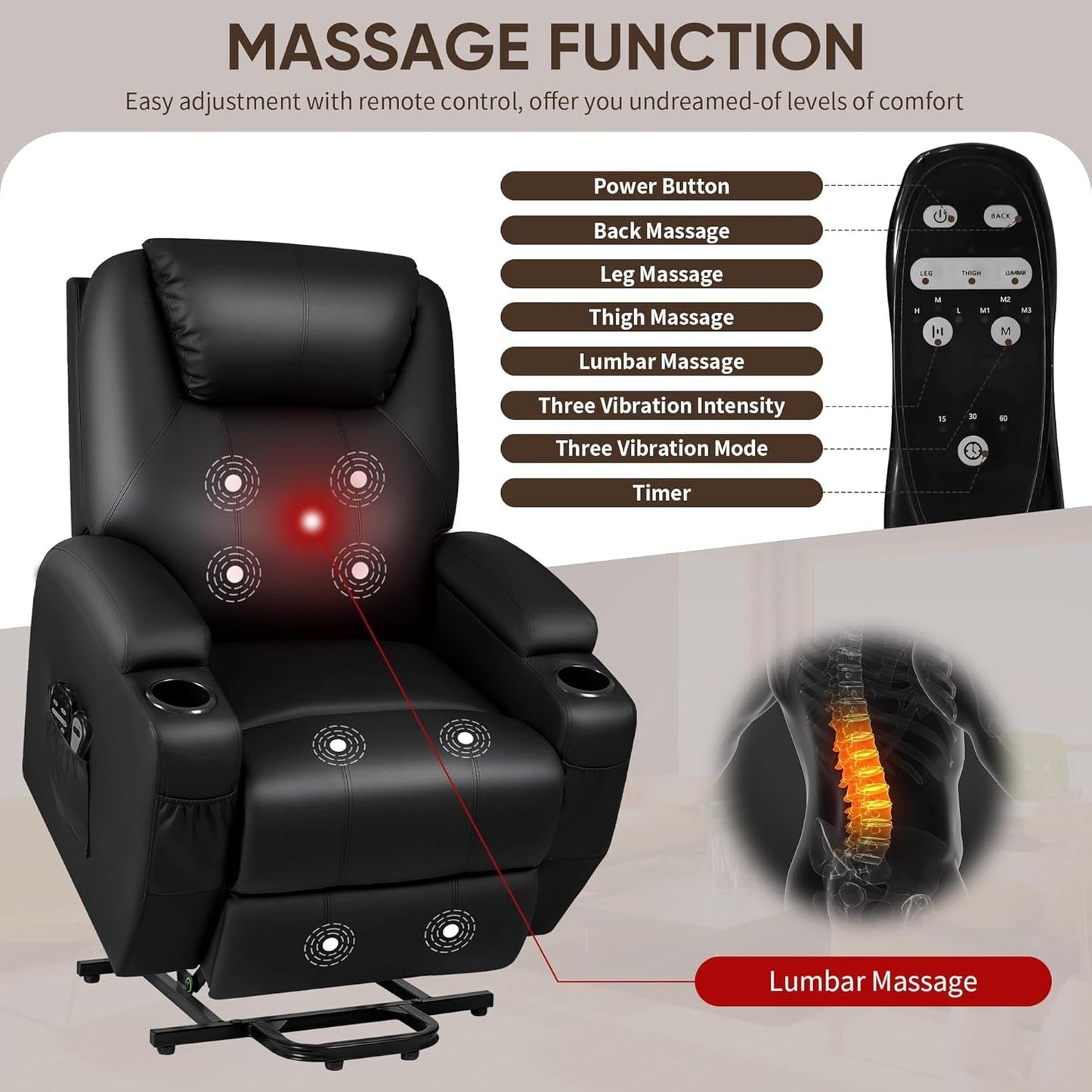 Power Lift Recliner Chair with Massage for Elderly PU Leather Modern Reclining Sofa Chair with Cup Holders, Remote Control, Adjustable Furniture (Black)-3