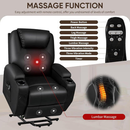 Power Lift Recliner Chair with Massage for Elderly PU Leather Modern Reclining Sofa Chair with Cup Holders, Remote Control, Adjustable Furniture (Black)-3