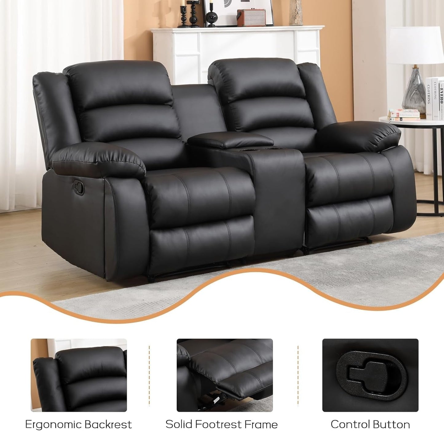 Faux Leather Manual Recliner Sofa Set, Loveseat Reclining Sofa and 3 Seat Recliner Sofa, Couch Set for Living Room, Bedroom, Meeting Room, Black(Loveseat+Sofa)-2