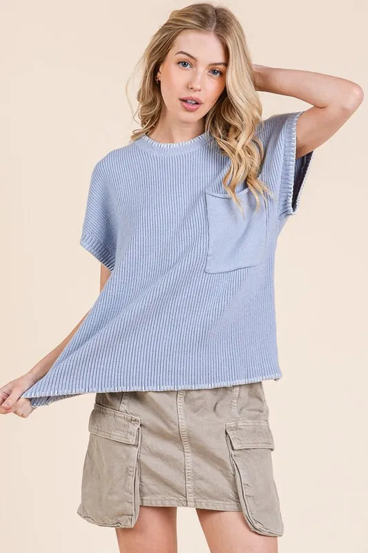 Lime 'N' Chili Solid Cap Sleeve Stitch Edge Knit Sweater