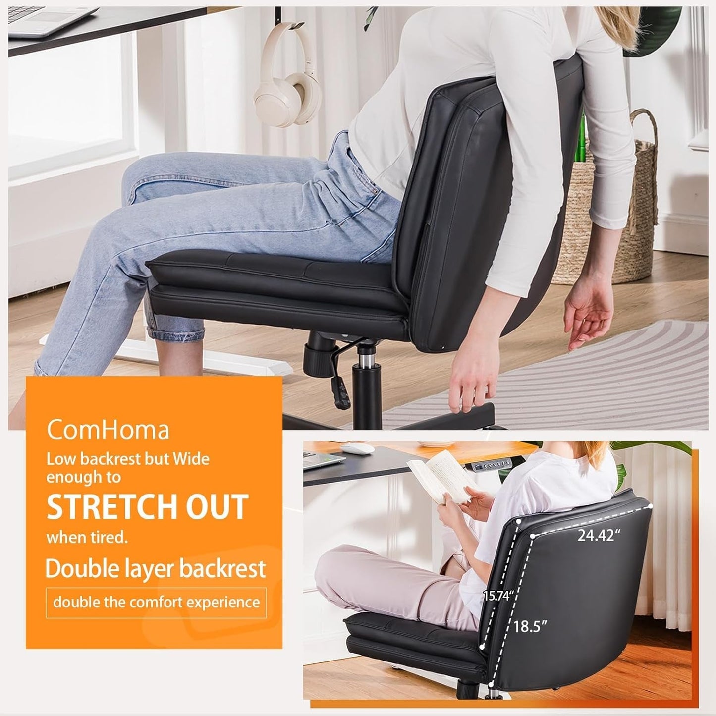 Criss Cross Chair with Wheels, Armless Wide Cross Legged Office Chair Mid Back, Modern Home Office Desk Chair Swivel Adjustable Vanity Computer Chair, Black-4