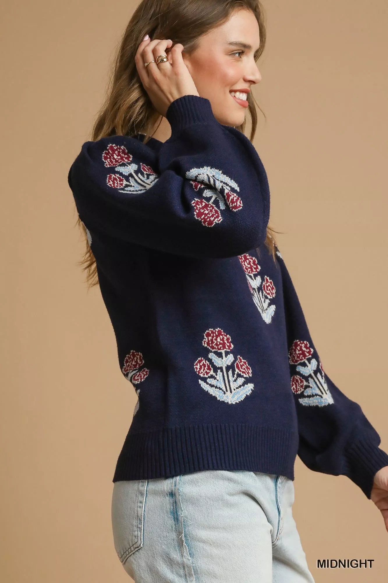 Umgee Floral Knit Sweater with Puff Sleeves