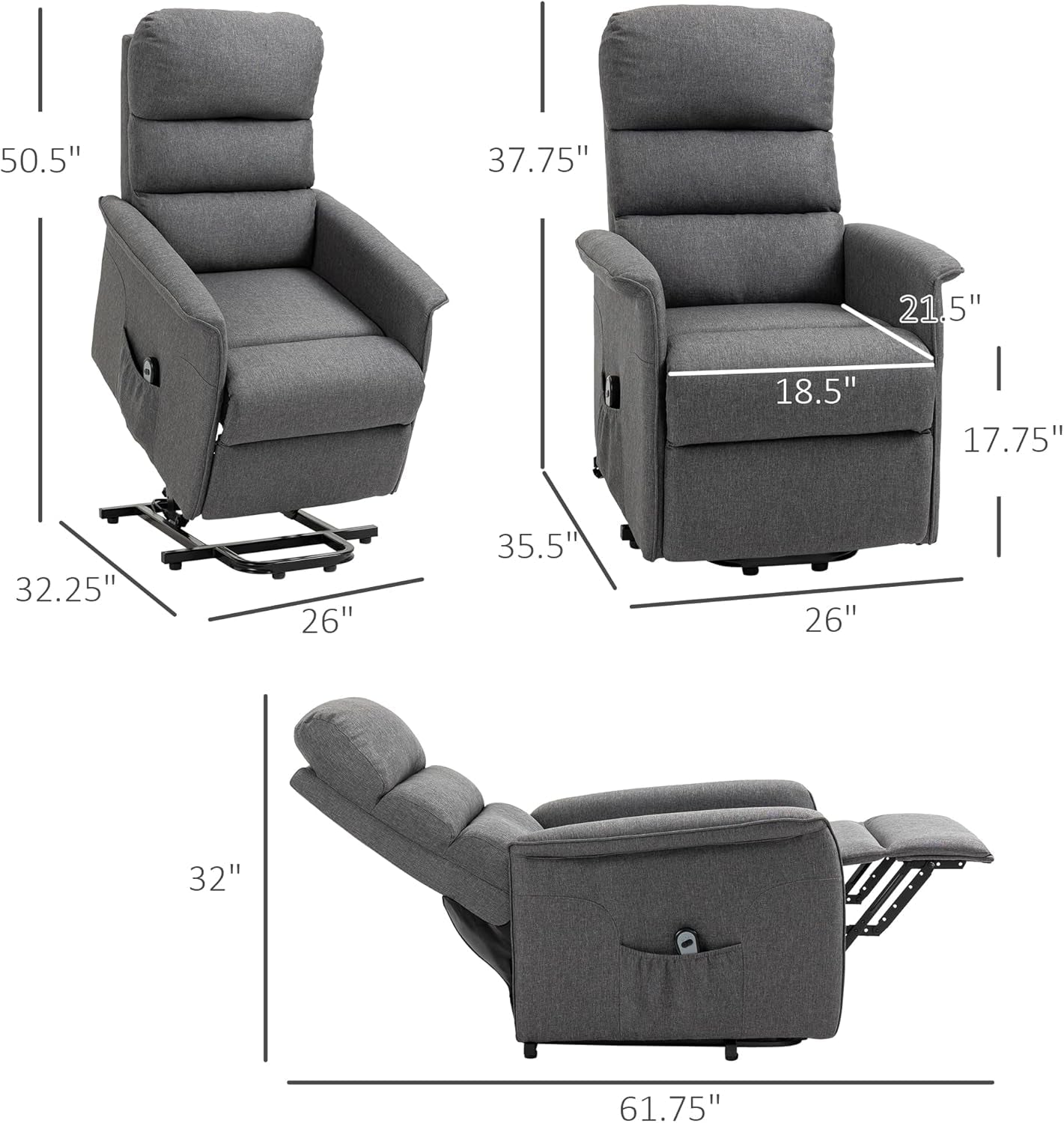 Power Lift Recliner Chair for Elderly, Easy Assembly, Fabric Lift Chair for Adults, Recliner Sofa with Remote Control, Side Pockets for Living Room, Gray-2