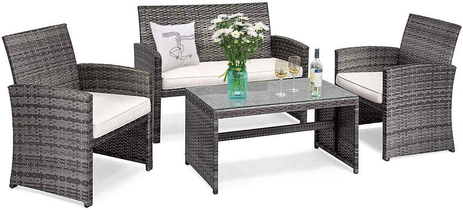 4 PCS Wicker Patio Conversation Set, Outdoor Rattan Sofas with Table Set, Patio Furniture Set with Soft Cushions & Tempered Glass Coffee Table for Poolside Balcony-0
