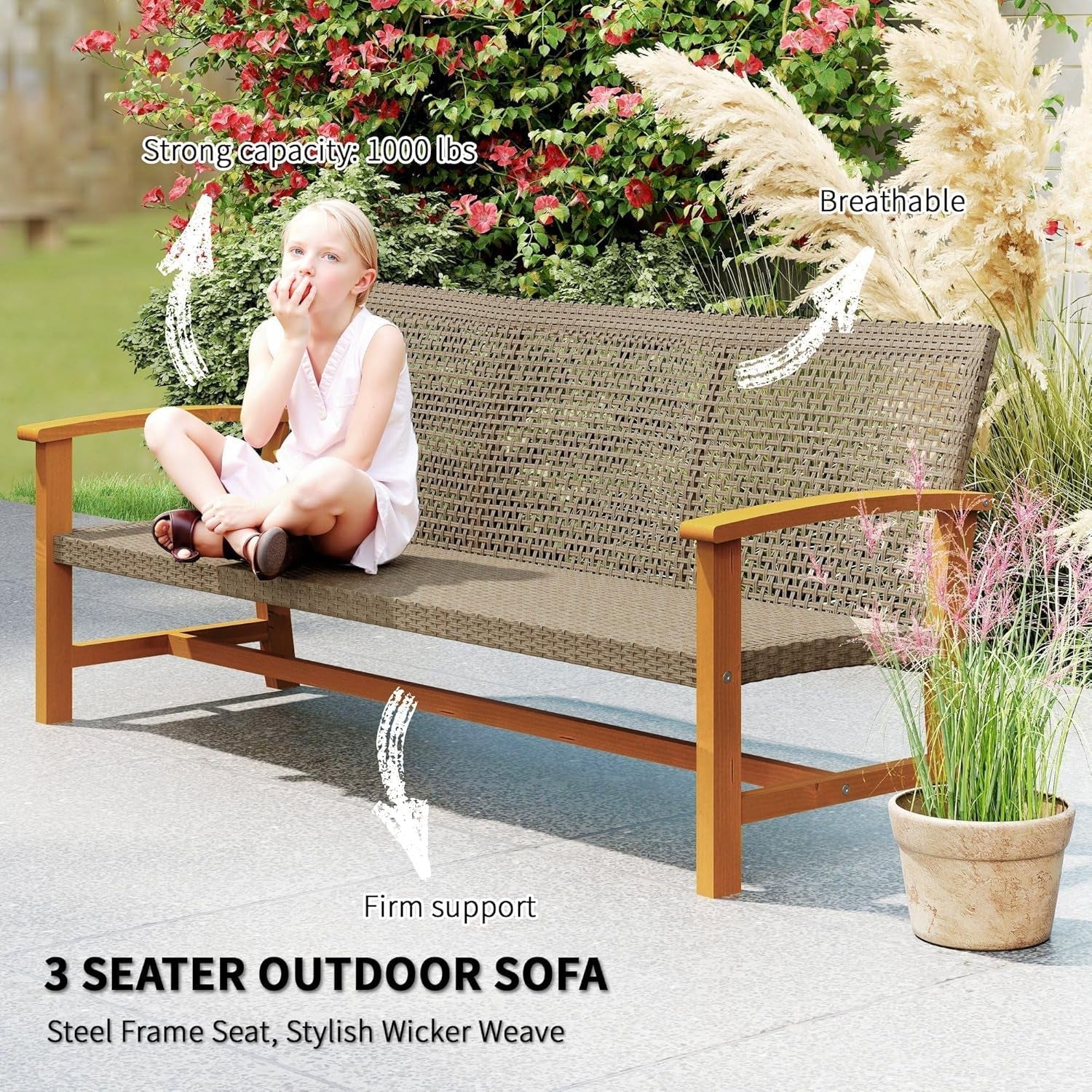 Spacious Wicker Outdoor Couch for Three Comfortable Seats-3