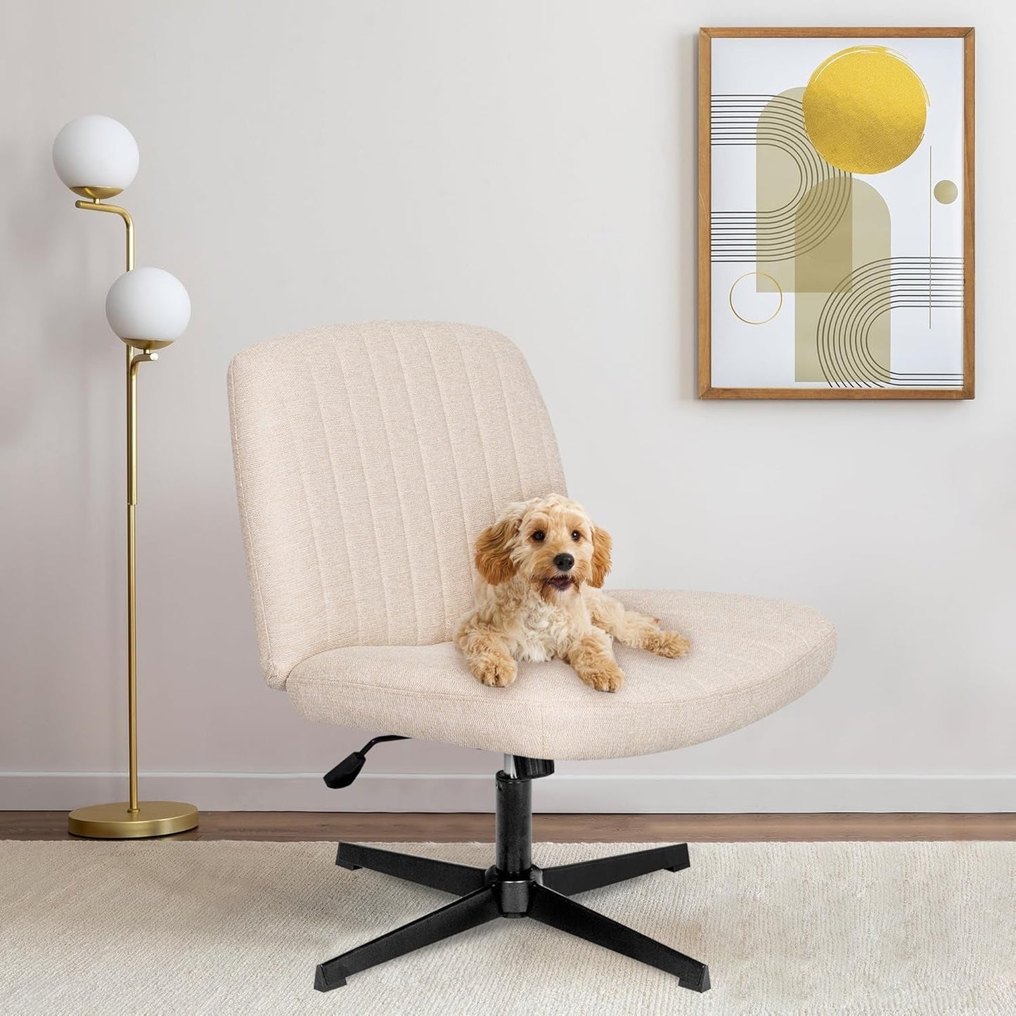 Cross Legged Office Desk Chair No Wheels Fabric Padded Modern Swivel Height Adjustable Wide Seat Computer Task Vanity Chair for Home Office Mid Back Accent Chair (Beige)-3