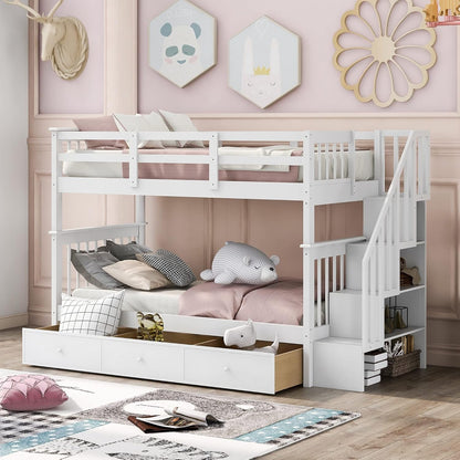 Twin over Twin Bunk Bed with Stairs and Guard Rail, Twin Size Bunk Beds with Storage Drawers,Wooden Bunk Bed Frame for Bedroom, Dorm, Kids, Teens, Adults,White-2