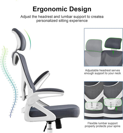 Ergonomic Mesh Office Chair, High Back Desk Chair with with Flip-Up Armrests, Adjustable Padded Headrest Computer Chair with Lumbar Support for Home Oiffce Game Room, White/Gray-3