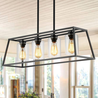 Black Farmhouse Chandeliers for Dining Room, Rustic Kitchen Island Light Fixture, 4-Light Linear Pendant Lights Kitchen Island with Glass Shade ，Apply to Dining Room Light Fixtures over Table-0