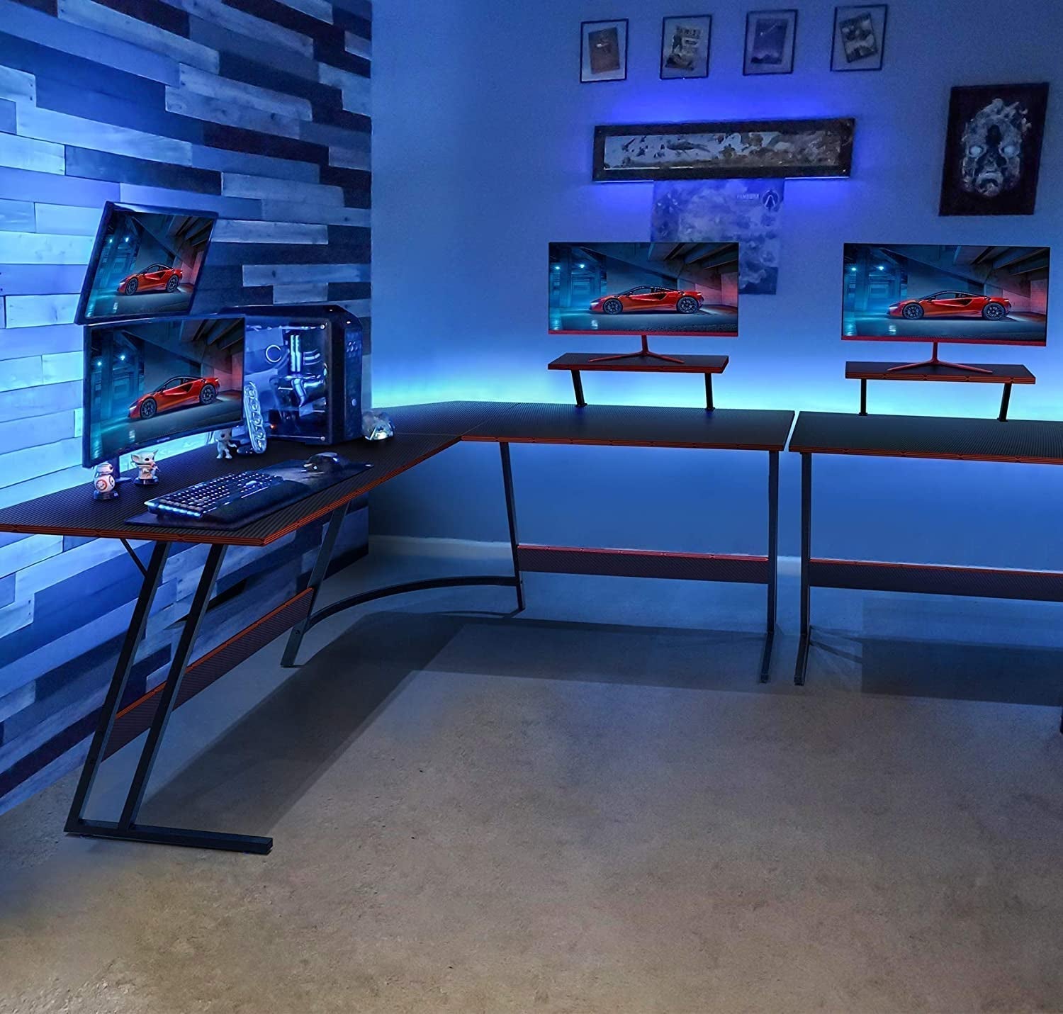 L Shaped Gaming Desk Computer Corner Desk PC Gaming Desk Table with Large Monitor Riser Stand for Home Office Sturdy Writing Workstation (Black, 51 Inch)-1