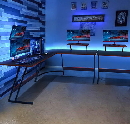 L Shaped Gaming Desk Computer Corner Desk PC Gaming Desk Table with Large Monitor Riser Stand for Home Office Sturdy Writing Workstation (Black, 51 Inch)-1