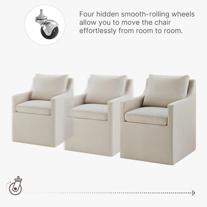 Upholstered Dining Chair with Casters Washable Cover Side Deskchair with Rollers for Diningroom Living Room,Set of 2,Flax Beige-3