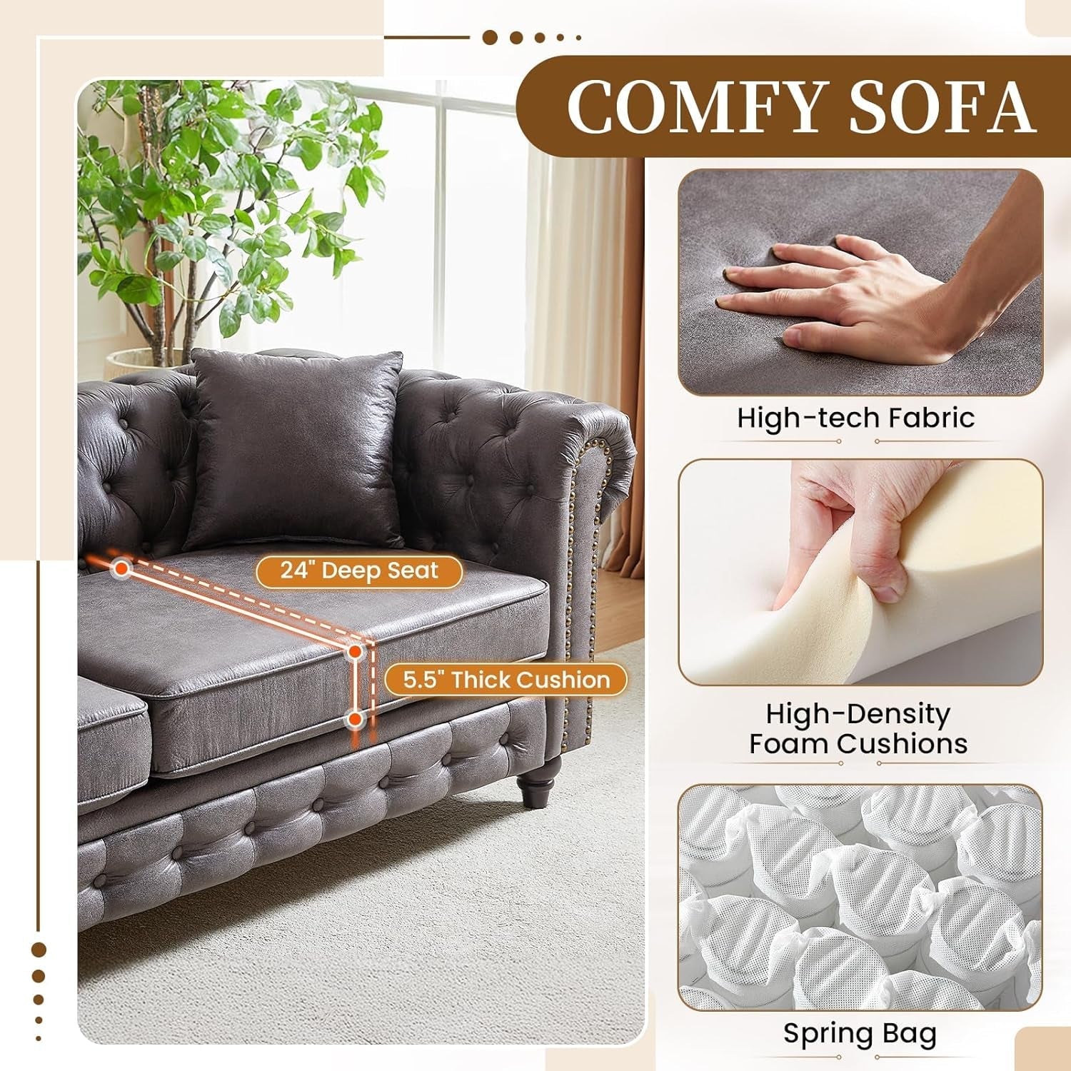 2 Piece Living Room Sofa Set,Button Tufted Couch and Loveseat Set with Nailhead Trim&Roll Armrest,Upholstered Mid Century Modern Couch,Chesterfield Sofa for Living Room,Office(Loveseat+3 Seater,Grey)-2