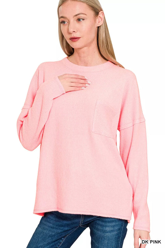 Zenana Ribbed Brushed Melange Hacci Sweater with Chest Pocket