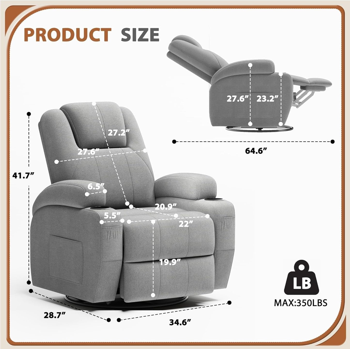 Gray Fabric Swivel Rocker Recliner With Vibration Massage-1