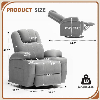 Gray Fabric Swivel Rocker Recliner With Vibration Massage-1