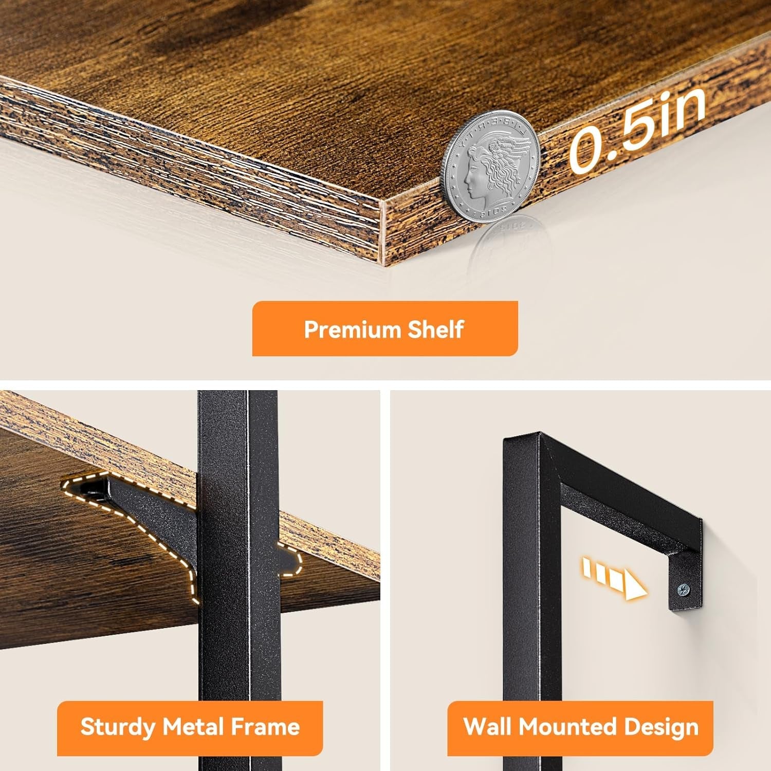 6-Tier Ladder Shelf, 87 Inches Wall Mounted Ladder Bookshelf with Metal Frame, Open Industrial Shelves for Home Office, Bedroom and Living Room, Rustic Brown-4