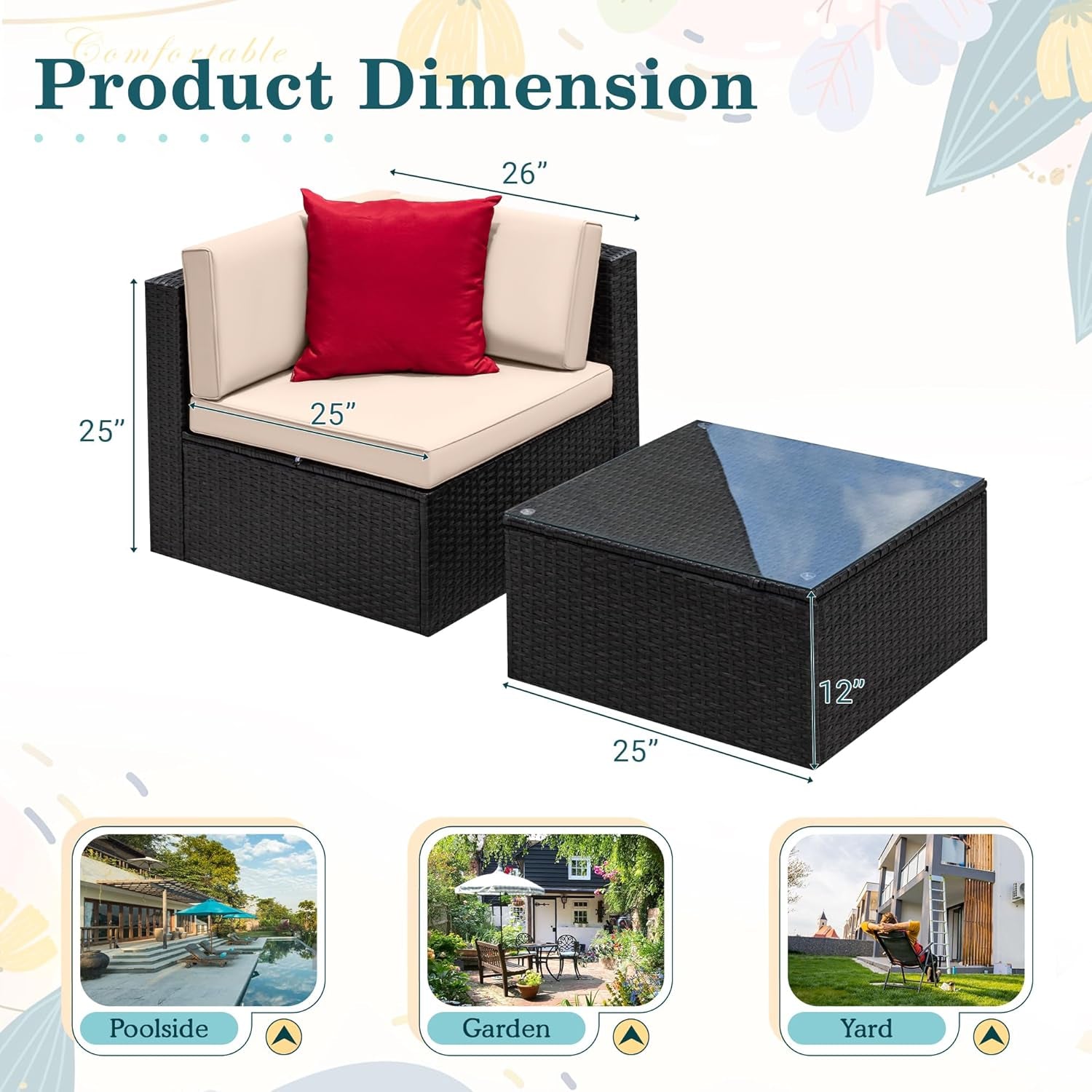 2 Piece Patio Furniture Set, All Weather PE Rattan Outdoor Sofa Set Single Sofa with Table for Garden Lawn Poolside (2 Piece, Beige)-2