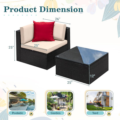 2 Piece Patio Furniture Set, All Weather PE Rattan Outdoor Sofa Set Single Sofa with Table for Garden Lawn Poolside (2 Piece, Beige)-2