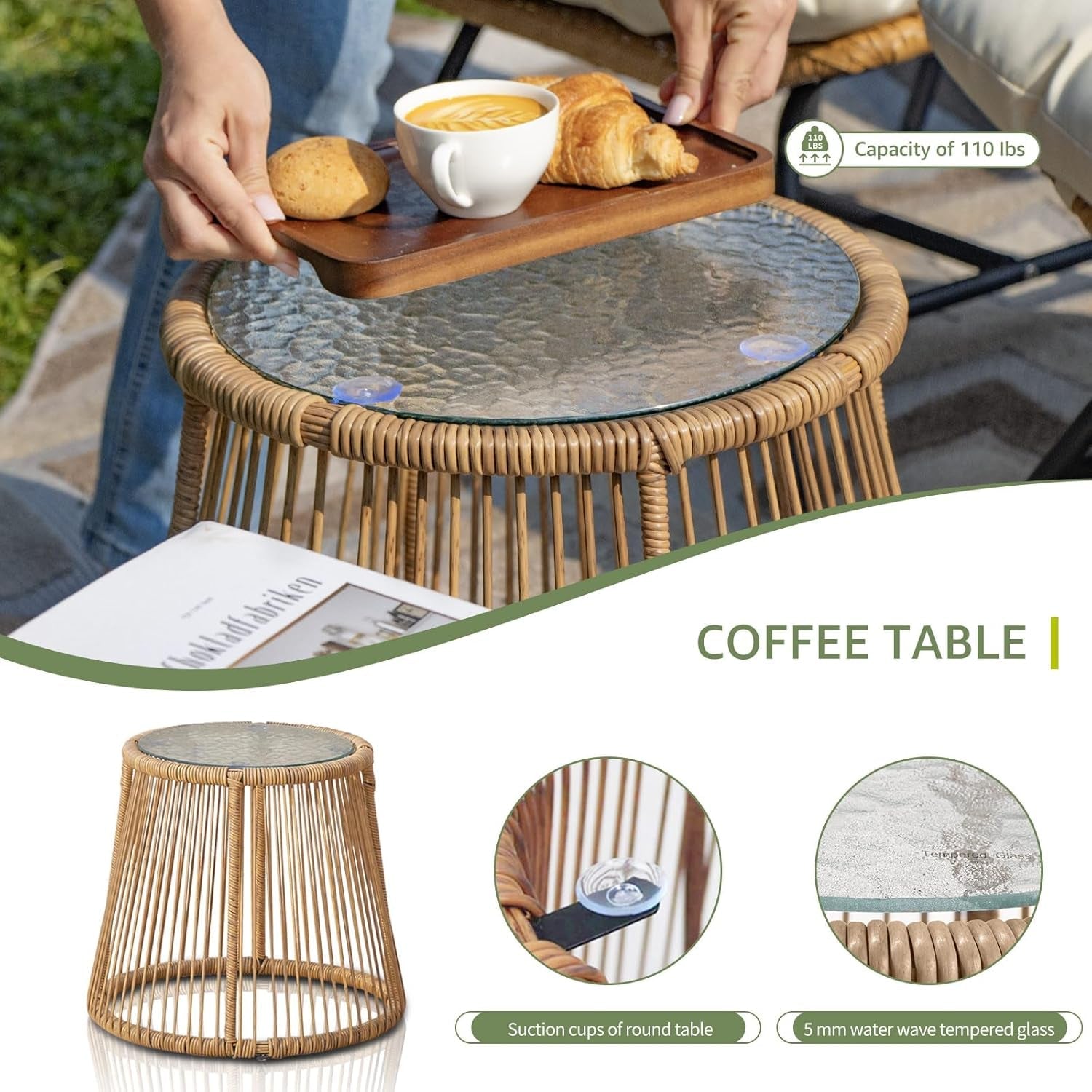 Set of 3 Boho Outdoor Patio Furniture Sets with round Tempered Glass Table, Small Size Wicker Conversation Sectional Chair Sets for Backyard, Porch, Deck, Garden, Balcony-3