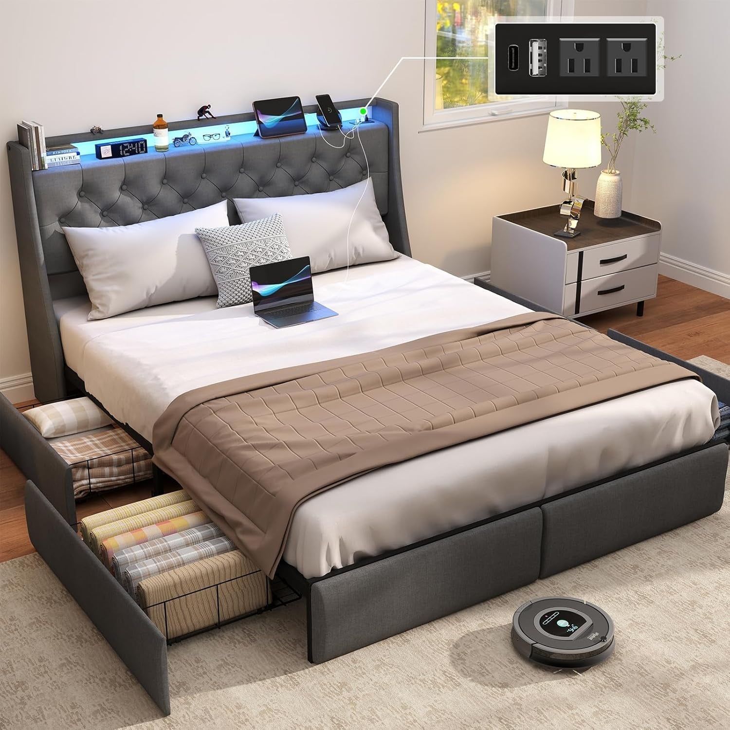 Queen Bed Frame with Storage Headboard and 4 Drawer, Metal Platform Bed Frame Queen Size with LED Light, Charging Station, No Box Spring Needed, Noise Free, Easy Assembly, Grey-0