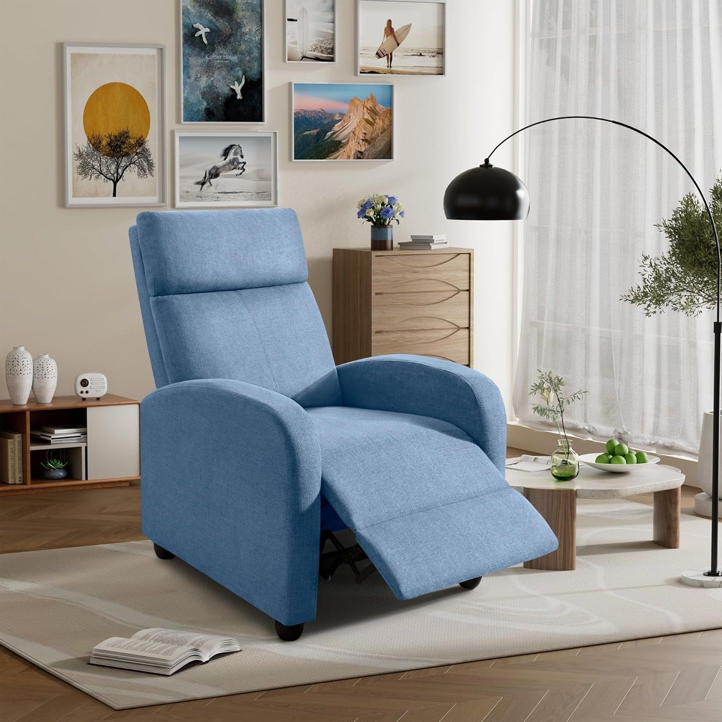 Massage Recliner Chair for Living Room Adjustable Fabric Reclining Chair Home Theater Seating Modern Winback Single Sofa for Adults with Footrest (Blue)-0