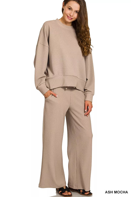 Zenana Ribbed Round Neck Pullover and Drawstring Pants Set