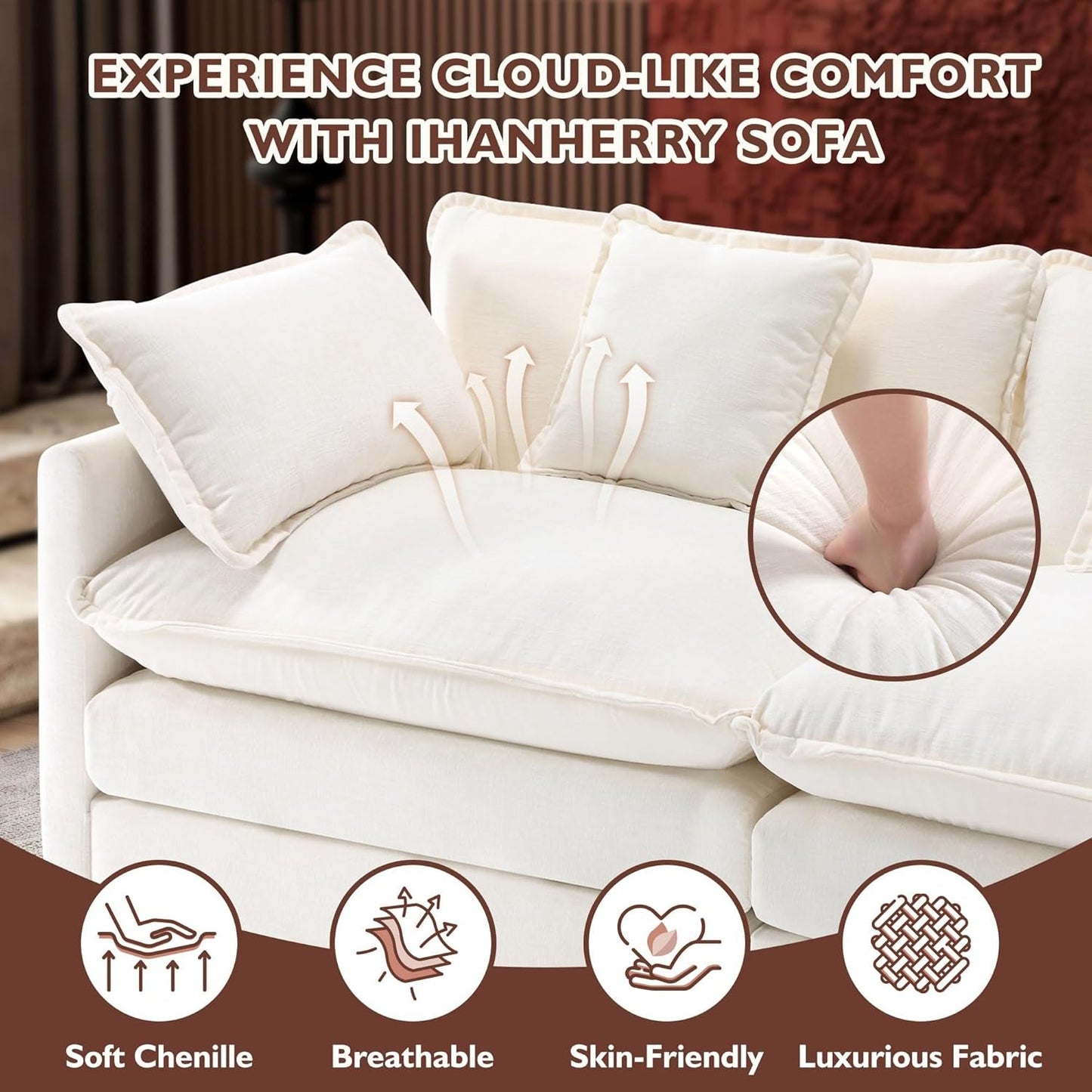111.4 Inch 3-Seater Cloud Sofa, Modular Sectional Couch, Modern Deep Seat Sofa for Living Room, Comfy Double Layer Upholstered Seat Cushion, Breathable Chenille Fabric, Beige-3