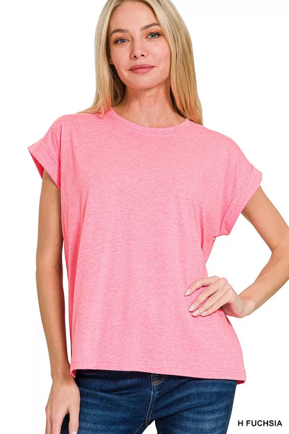 Zenana Round Neck Folded Short Sleeve T-Shirt