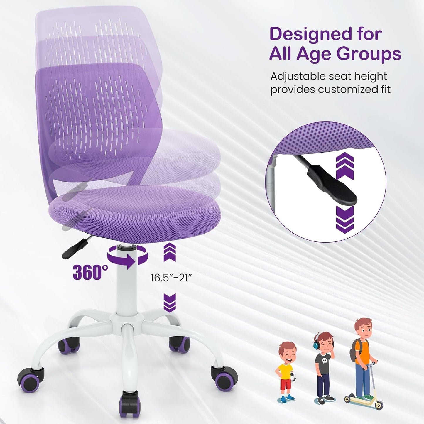Kids Desk Chair, Adjustable Children Study Chair, Swivel Chair Armless Mesh Task Student Chair, Child Desk Chair with Adjustable Height & Lumbar Support Computer Chair (Purple)-3