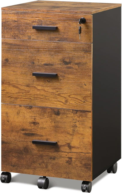 3 Drawer Rolling File Cabinet with Lock, Wood Filing Cabinet Fits Letter / A4 Size for Home Office, Rustic Brown-0