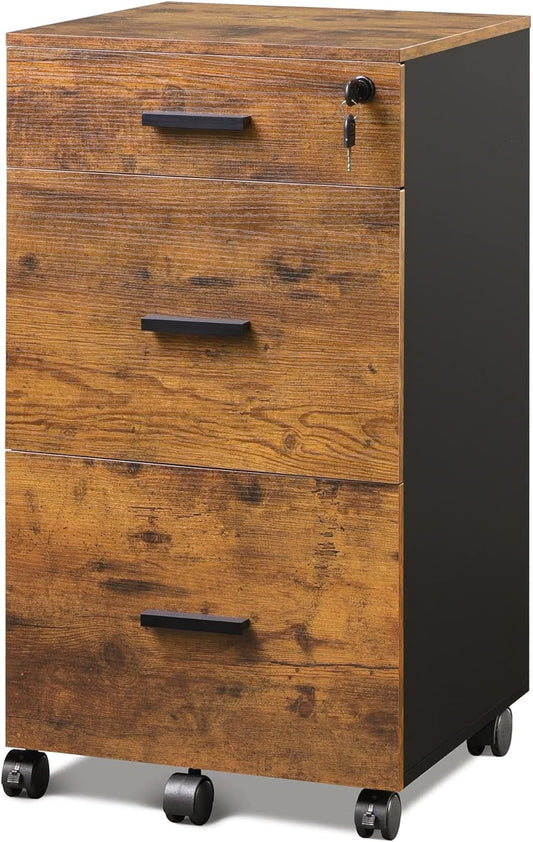 3 Drawer Rolling File Cabinet with Lock, Wood Filing Cabinet Fits Letter / A4 Size for Home Office, Rustic Brown-0