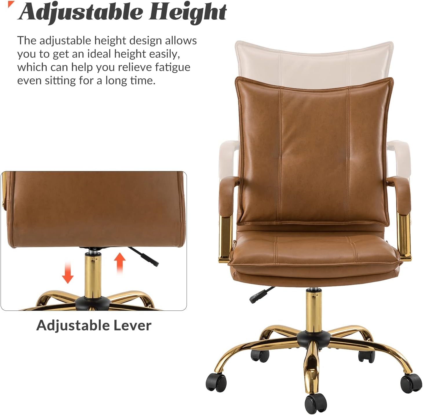 Faux Leather Home Office Desk Chair, Adjustable Swivel Computer Chair with Golden Legs and Arms, Comfy Upholstered Task Chair,Camel-4