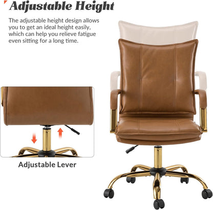 Faux Leather Home Office Desk Chair, Adjustable Swivel Computer Chair with Golden Legs and Arms, Comfy Upholstered Task Chair,Camel-4