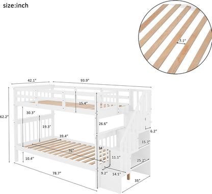 Twin over Twin Bunk Bed with Stairs, Solid Wood Bunk Bed Frame with Storage for Kids Teens Adults Bedroom Dorm - White-1