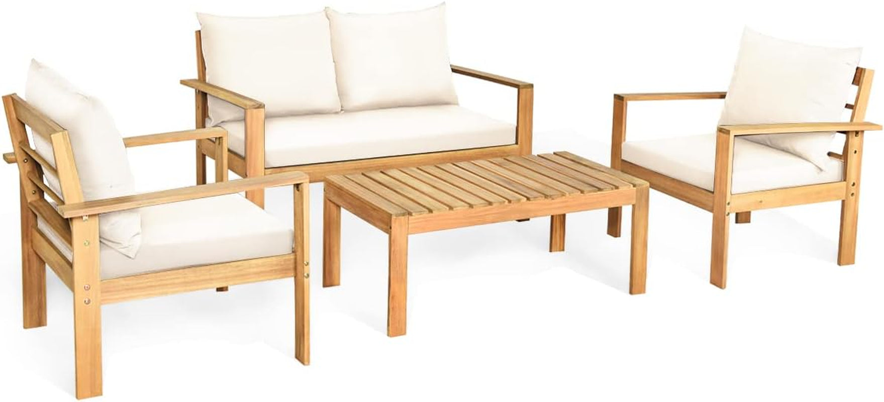 Outdoor 4-Piece Acacia Wood Chat Set, 4 Seater Acacia Wood Conversation Sofa and Table Set with Water Resistant Cushions, Teak Finished (1, White)-0