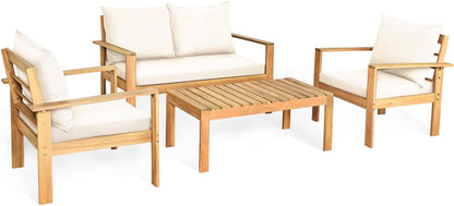 Outdoor 4-Piece Acacia Wood Chat Set, 4 Seater Acacia Wood Conversation Sofa and Table Set with Water Resistant Cushions, Teak Finished (1, White)-0