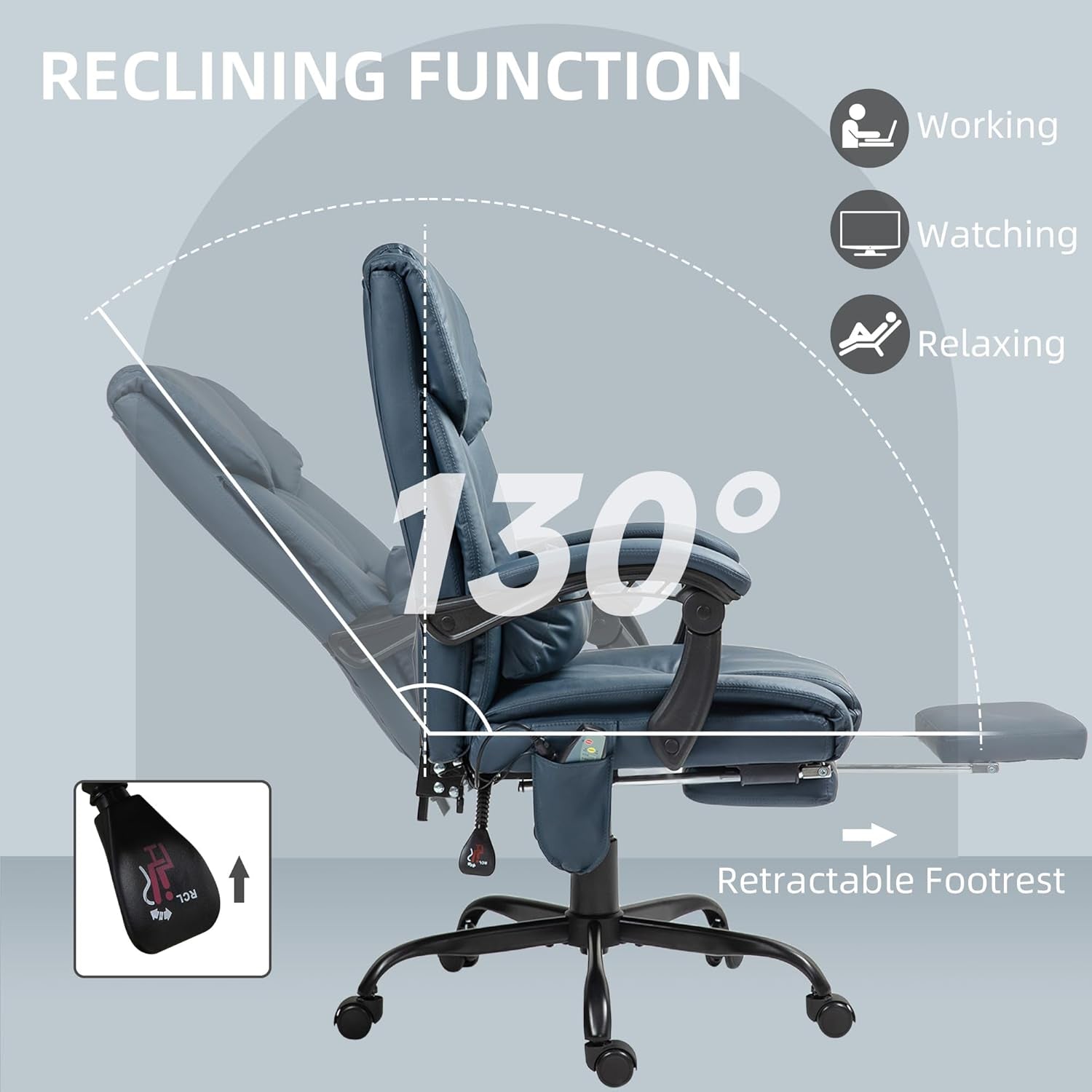 High Back Massage Office Chair with 6 Vibration Points, PU Leather Reclining Computer Chair, Ergonomic Desk Chair with Footrest Adjustable Height and Remote, Blue-4